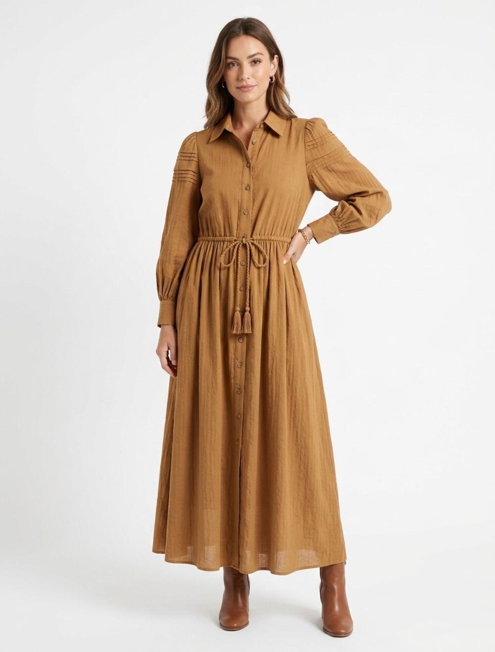Hunter Bell EUC Button Front Midi Dress Tassel Waist Size Small Mustard Brown